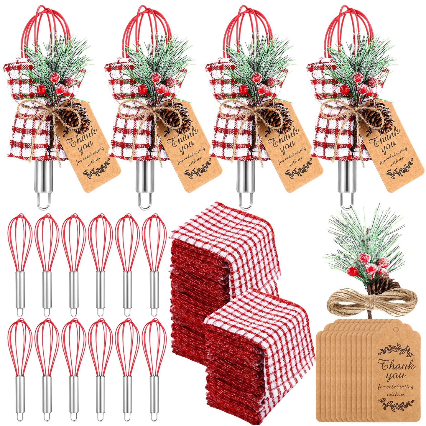 FoldTier 12 Sets Christmas Whisk Baking Supplies Gifts Sets Include Stainless Steel Whisk, Greeting Card, Snowfall Pine Branches, Plaid Towel, Rope for Xmas Neighbor Employee Stocking Stuffers Cooking