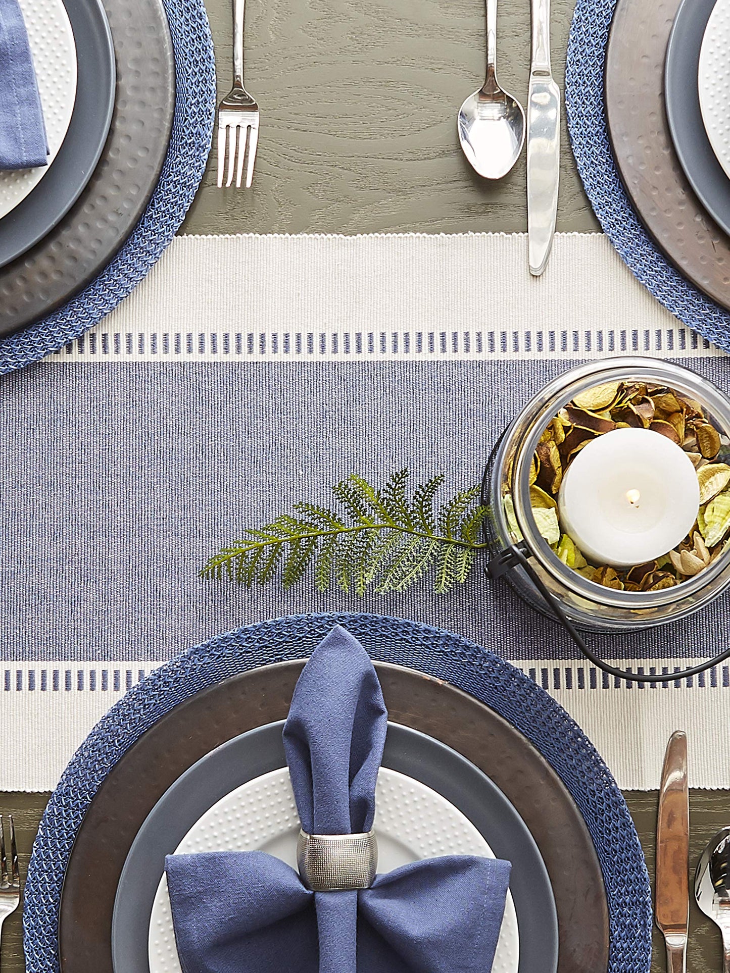 DII Dobby Stripe Woven Table Runner, 13x108 (13x113.5, Fringe Included) French Blue