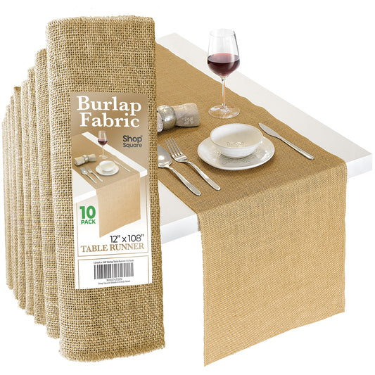 Burlap Table Runners, 12 x 108 Inch - 10 Pack Outdoor Jute Table Runners for Rustic Farmhouse Decor, Thanksgiving, Fall, Natural Color Edge